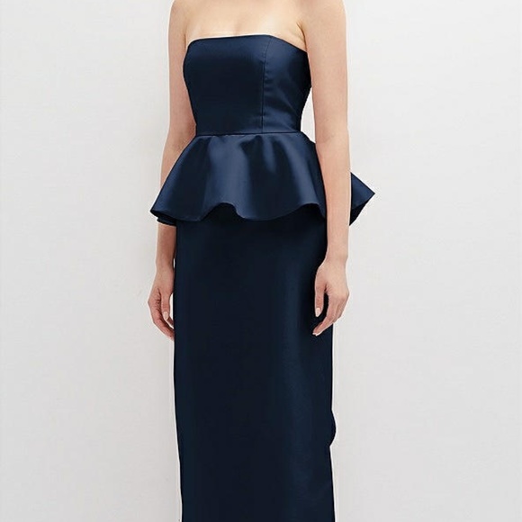 NEW ALFRED SUNG Midnight BLUE Strapless RUFFLE Peplum SATIN Column GOWN 12 - Picture 12 of 16